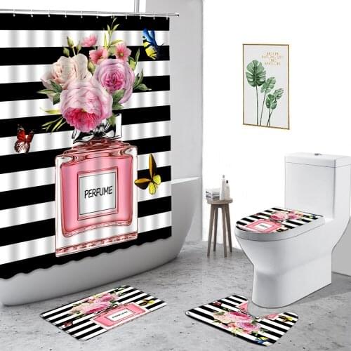 Black White Stripes Printed Shower Curtains Set Flower Perfume Lipstick Bathroom Curtain Decor Non-Slip Carpet Toilet Lid Cover