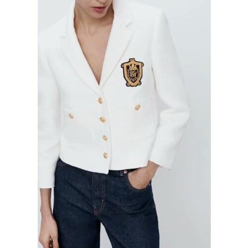 2021 Women Fashion White Tweed Jacket Coat Vintage Pockets Lapel Collar Long Sleeve Office Lady Female Outerwear Chic Tops