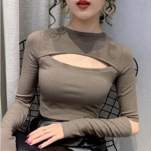 Long Sleeve T Shirt Women Slim Hollow Out Cotton O Neck T-shirt Woman Soild Basic Tee Shirt Femme Autumn New Korean Fashion Tops