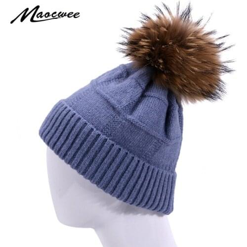 Women Winter Knit Real Fur Pompon Beanie Hat Wool Plaid Warm Cotton Hat Outdoor Casual Solid Color Skullies Beanies Casual Hat