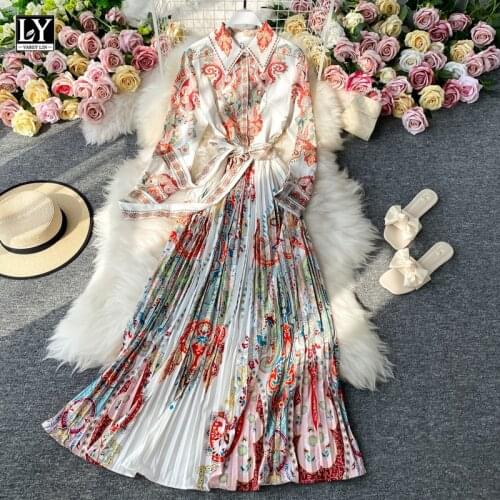 LY VAREY LIN 2021 New Autumn Women Elegant Print Shirt Dresses Long Sleeve Turn Down Collar Sashes Tie Up Slim Pleated Dress