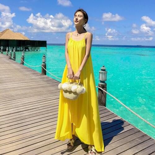 Yellow Loose Sling Dress Female 2021 Summer New Women Beach Style Backless Thin Long Dress Bohemian Travel Lady Sexy Robe Femme