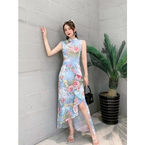 2021 New Summer Women Vintage Mandarin Collar Sleeveless Dress Sweet Ruffles Flowers Print Irregular Hem Slim Long Dress