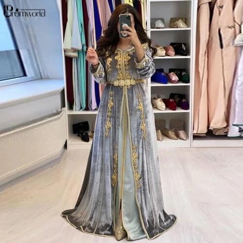 Gold Lace Abiye Gece Elbisesi Velvet Grey Moroccan Caftan Evening Dress Party Full Long Sleeves Dubai Formal Evening Gown 2021