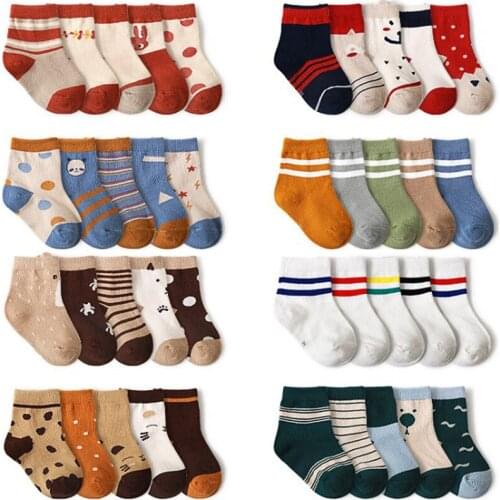 5 Pairs Lot Kids Short Cotton Socks Autumn Winter Child Toddle Girls Boy Funny Cartoons Animal Print Cute Socks Baby Accessories