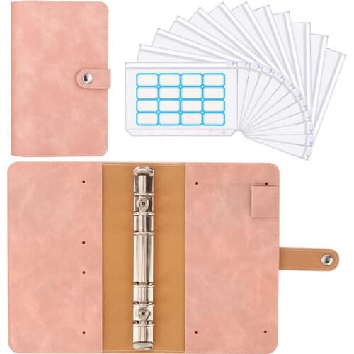 A6 PU Leather Budget Binder Money Organizer with 12 PCS Clear Plastic Zippered Cash Envelopes Pockets & Self-Adhesive Label