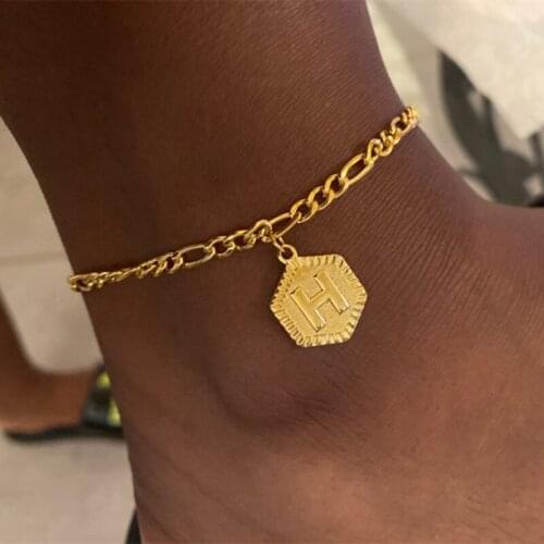 Dainty A-Z letter Gold Color Anklet Hexagon Shaped Initial Ankle Bracelet Stainless Steel Feet Jewelry Leg Chain Women Gifts