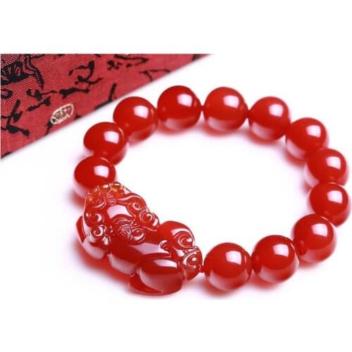 Natural Red Agates Brave troops Round Beads+3D Handmade Carved PIXIU Beaded Bracelet&Bangle Women Mens Gift Bracelets Jades Je