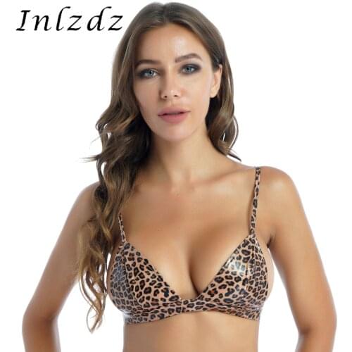 Womens Leopard Print Erotic Sexy Hot Bra Faux Leather Unlined Wireless Sexy Bikini Top Ladies Swimming Pool Party Bralette Top