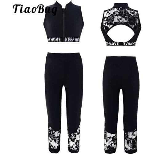 Kids Girls Ballet Gymnastics Dancewear Outfits Bra Tank Tops with Pants Leggings Set Stretchy Lace Patchwork Dance Workout Set