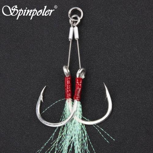 Spinpoler Double Steel Wire Jigging Hook 1/0 2/03/0 5/0 7/0 Twin Double Jigging Assist Hook saltwater sea boat hook with feather