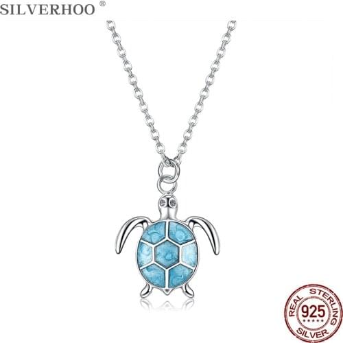 SILVERHOO 925 Sterling Silver Pendant Necklace For Women Blue Tortoise Necklaces Birthday Epoxy Jewelry Direct Selling Wholesale