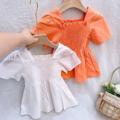 Girls Cotton Pleated Blouse White Orange Tops 2021 New INS Children Princess Cute T-shirts Summer Clothing Korean Style For 2-7Y