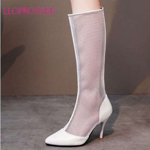 Lloprost ke Mesh Net Boots Women Ladies Plus Size thin high heel Knee High Boots Woman Female Zipper White Wedding Bride Shoes