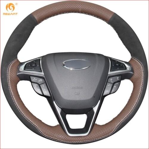 MEWANT Coffee Genuine Leather Black Suede Car Steering Wheel Cover for Ford Mondeo Fusion 2013-2019 EDGE 2015-2019 Accessories