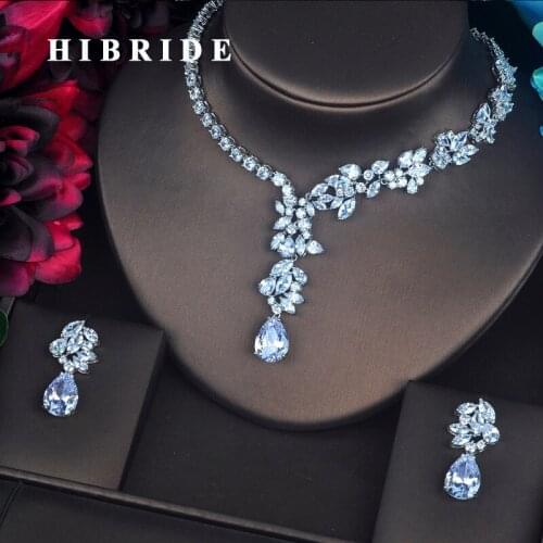 HIBRIDE Fashion Dubai Wedding Jewelry Sets For Women Bridal White Gold Color Flower Earring Necklace Set Promotion Price N-322
