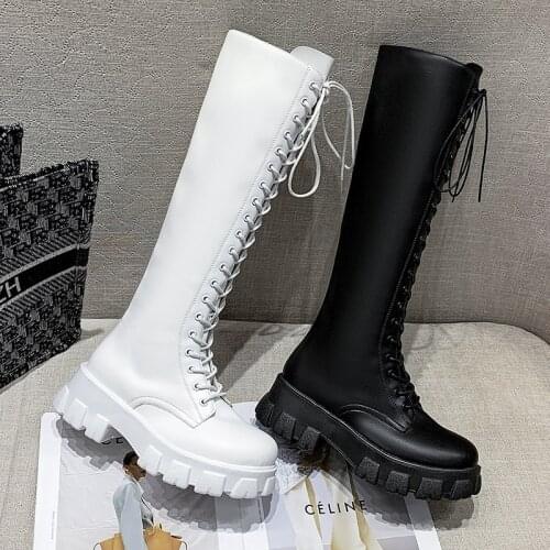 Fashion Women Cross Strap PU Leather Boots Autumn Winter Knee High Boots Ladies Thick Sole Platform Botas Mujer Mid-calf White N