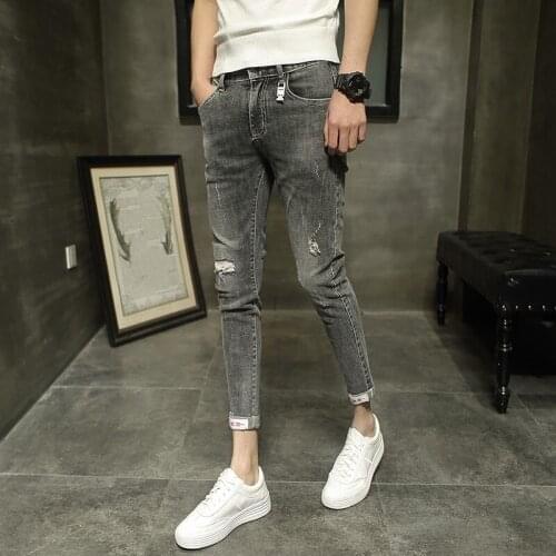 2021 Spring Mens Korean Style New High Street Slim Jeans Vintage Pockets Hole Design Outdoor Fashion Casual Ankle Length Pants