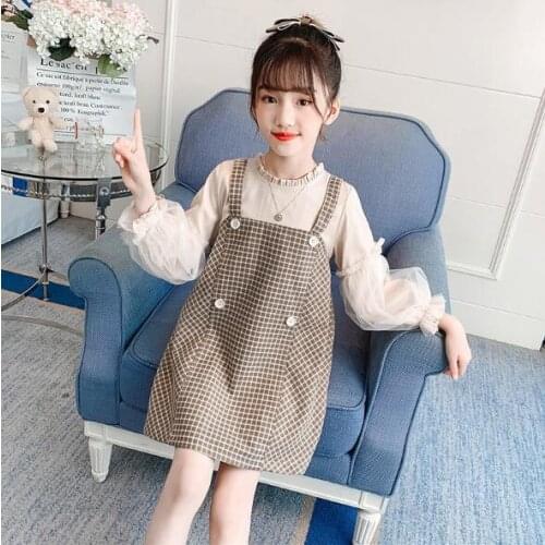 Girls Dress Spring New Big Girls One Pcs Plaid Puff Sleeve Leisure Dresses Kids Dress For Girl Children Clothing 4-14Year
