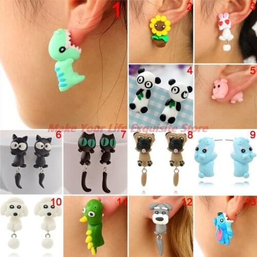 Hot Luokey Cute Animal Earrings Women Hanging 3D Cartoon Lovely Dog Stud Earrings Flower Panda Polymer Clay Girls Earing Jewelry