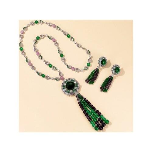 S925 Silver Banquet Pendant Green Tassel Necklace, Earrings, Jewelry Set Fine Custom Jewelry