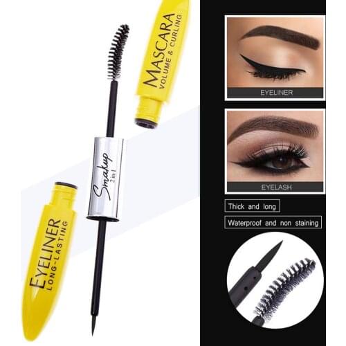 2-in-1 Double Head Silk Fiber Eyelash Mascara Thicker Waterproof Mascara Eyeliner Smiling Brush Head Eyelash Mascara Black