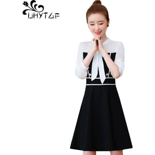 UHYTGF Spring Autumn Korean fashion Bow splice Dress Women Fake two Dress Women 5XL Plus Size Elegant Party Dresses Female X766
