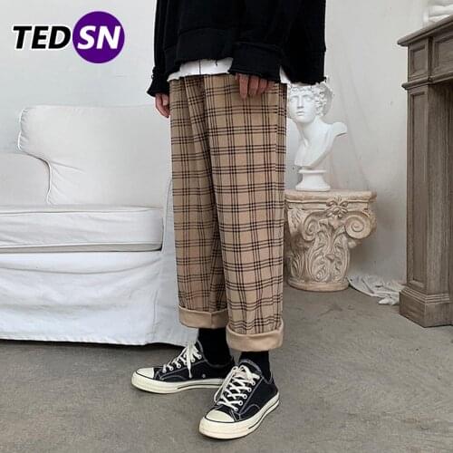 2021 Spring Summer Streetwear Harajuku Jogging Korean Style Man Wide Leg Pants Trousers Casual Plaid Mans Sweatpants Male