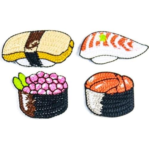 4Pcs Salmon Sushi Embroidered Patches For Cloth Iron On Applique Handcrafts DIY Food Sewing Supplies Stickers T-shirt Decoration
