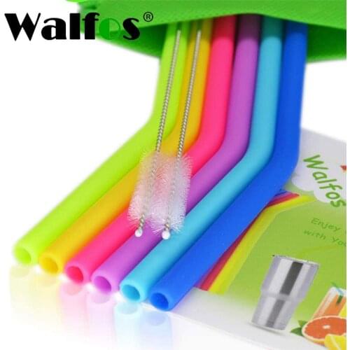 WALFOS 6 Reusable Food-grade Silicone Beverage Straws Normal Size Drinking With Cleaning Brush Kitchen Bar Accessories