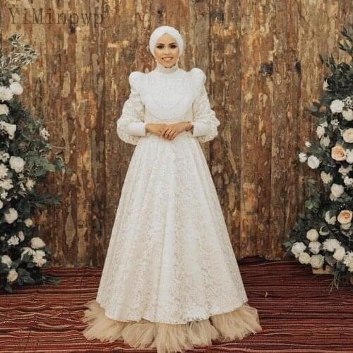 YiMinpwp Muslim Wedding Dresses High Neck Long Sleeve Floor Length A Line Lace Pleats Chapel Garden Bridal Gowns vestidos
