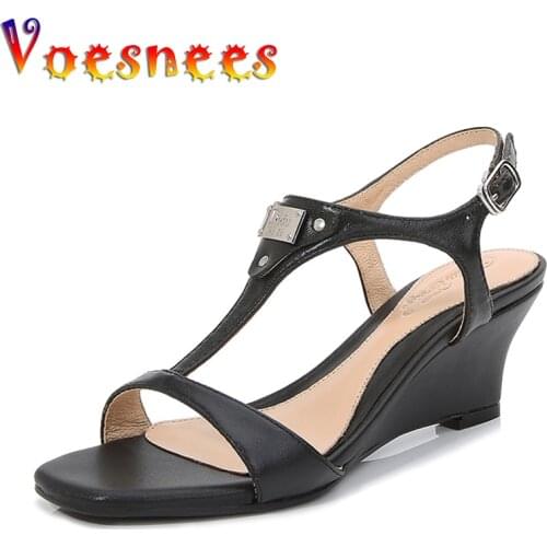 Voesnees Brand Designer Women Shoes Print Wedges Genuine Leather Buckle Strap Metal Decoration Concise T-Strap Modern Sandals