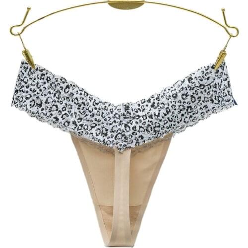 Womens Breathable Cotton Thong Panties Patchwork Leopard Lace Top Low Waist Thongs For Female
