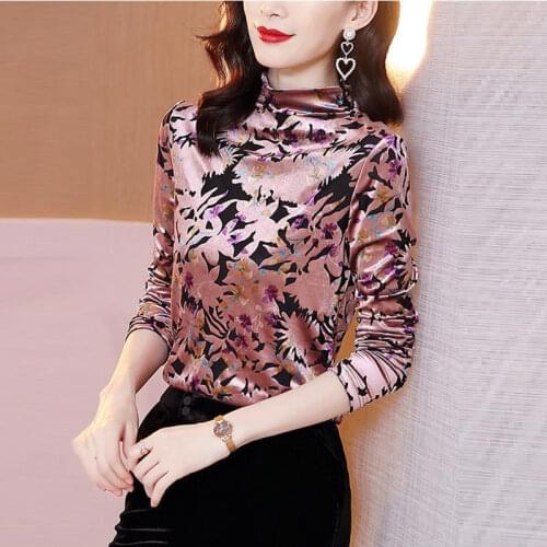 Woman Tshirts Velvet Long Sleeve T-shirt Womens Autumn and Winter Printing Turtleneck Top Women Ropa Mujer Camisetas