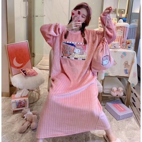2021 Winter Long Sleeve Thick Warm Flannel Nightgowns for Women Cute Cartoon Coral Velvet Loose Sleepwear Night Dress Nightdress
