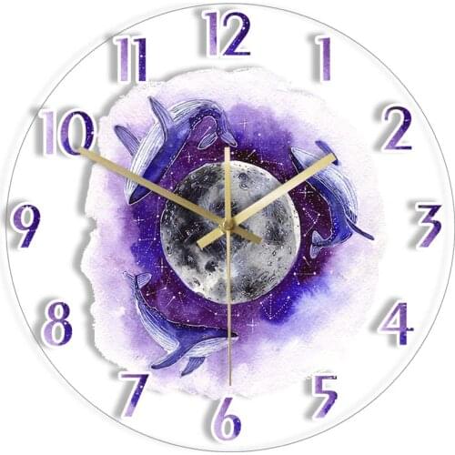 Humpback Whales With The Moon Printed Acrylic Wall Clock Purple Fantasy Artwork Timepieces For Living Room Silent Quartz Clock