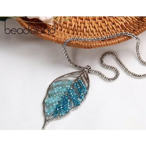 Beadsland Pendant Necklace Metal Glass Beads Leaf Shape Design Fashion Cute Jewelry Woman Girl Party Christmas Gift 39224