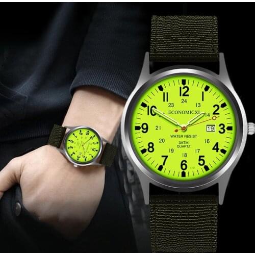 Reloj Hombre Fashion Green Watches Men Sports Watches Nylon Strap Auto Date Quartz Wristwatches Luminous Hands Relogio Masculino