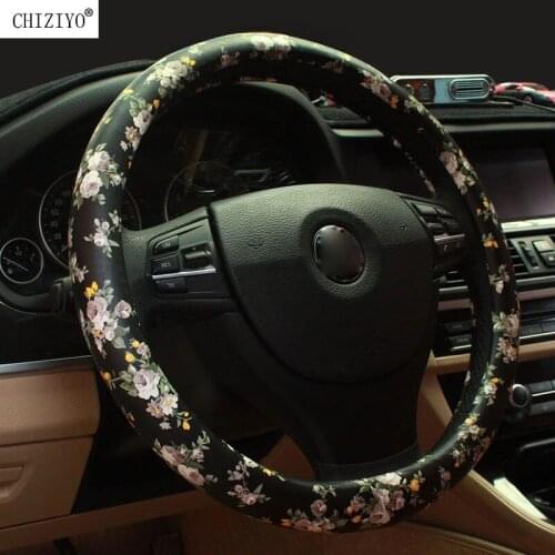 PU Leather Car Steering-Wheel Cover China Peony Flower Ethnic Style Design Fashion Car Steering Wheel Cover Protector 37-38cm