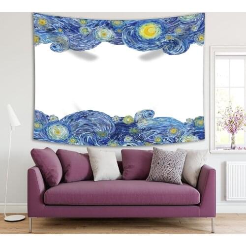Tapestry Starry Night Sky with Glowing Moon and Clouds with Van Gogh Impressionist Painting Style Art Blue Yellow White