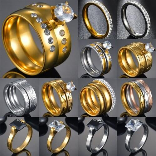 Big Crystal Wedding Rings For Lover Gold Color Stainless Steel Rings for Couple Men Women Engagement Party Gifts Jewelry