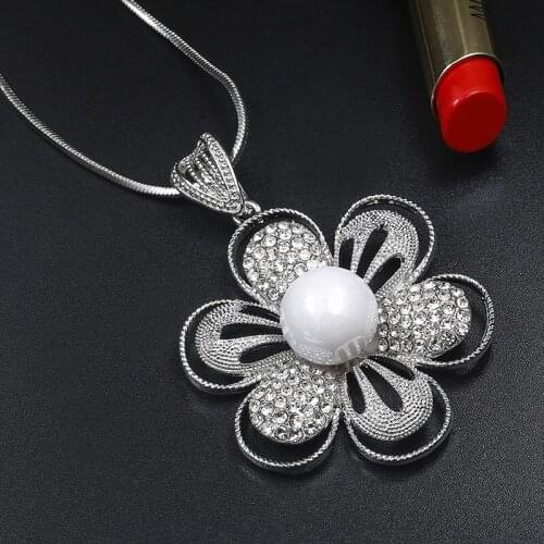Korean Fashion Rhinestone Big Flower Highlight Simulated-pearl Sweater Chain Temperamental Elegant Long Necklace All-matching