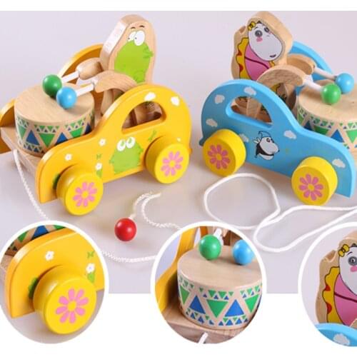Creative Childrens Hand Extended Leash Pull Toy Car Toddler Baby Toy Children Gift yellow/blue Wooden Play Beat Sound Tractor