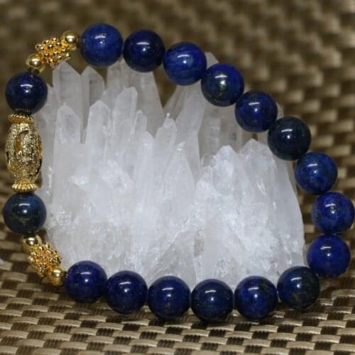 Natural 8mm Round Beads Blue Lapis Lazuli Stone Beaded Bracelets for Women High Grade Gold-color Spacers Jewelry 7.5inch B2071