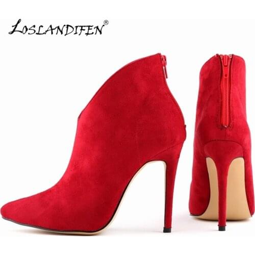 Newest Women Boots Flock Zipper Velvet Sexy Pointed Toe High Heels Shoes Winter Stiletto Short Ankle Plus Size 35-42