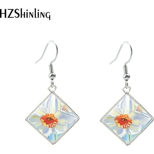 2020 New Daffodils Hook Earring Circle Daffodil and iris Rhombic Earring Glass Dome Photo Jewelry Fashion Earrings