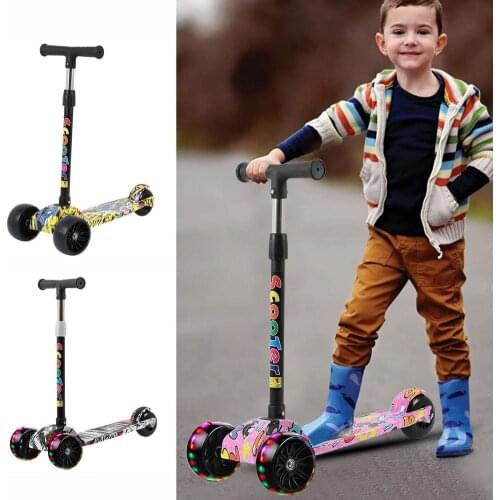 Graffiti Folding Scooters With 3 Light Up Wheel Bearing 50kg Portable Scooter For Kids Adjustable Height 5 Levels Widened Pedals