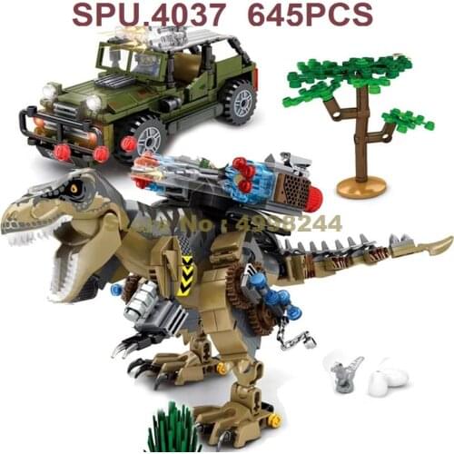 Sy1596 645pcs Jurassic Dinosaur Truck Chase Tyrannosaurus Rex T-rex 4 Dolls Building Blocks Toy