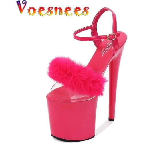 Voesnees New Girls Nightclub Party Shoes 20cm High Heel Fine Heel Sandals For Women Fur Sandalia Artificial Transparent Shoes