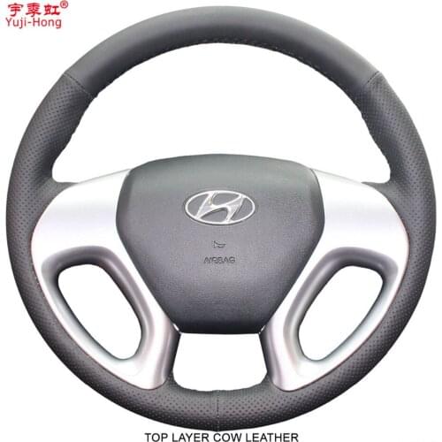 Yuji-Hong Top Layer Genuine Cow Leather Car Steeering Wheel Covers Case for Hyundai ix35 2010-2015 Hand-stitched Cover